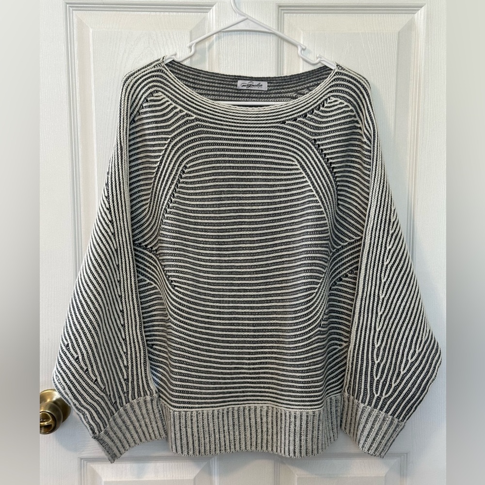 Magnolia Boutique Gray & Cream Striped Crewneck Sweater